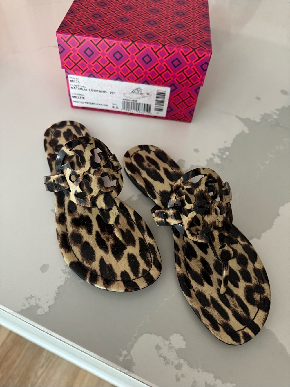 Tory Burch Natural Leopard Miller Sandals | Size 6.5